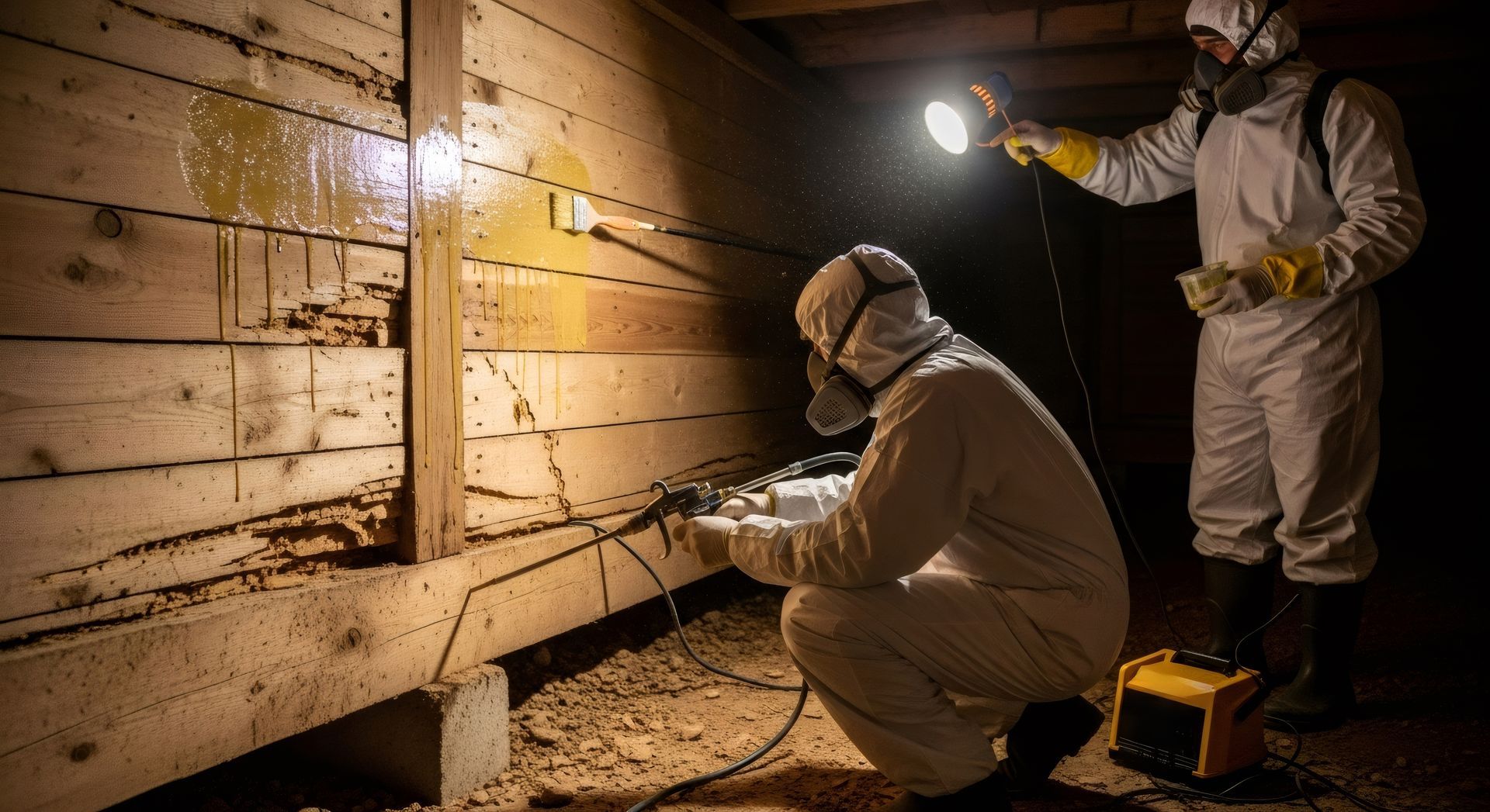 Two pest control workers in hazmat suits spraying a wood wall in a dark crawl space.