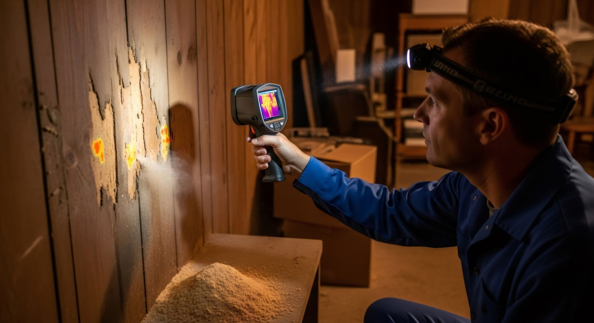 Man uses thermal imaging camera on damaged wood wall, illuminated by headlamp.