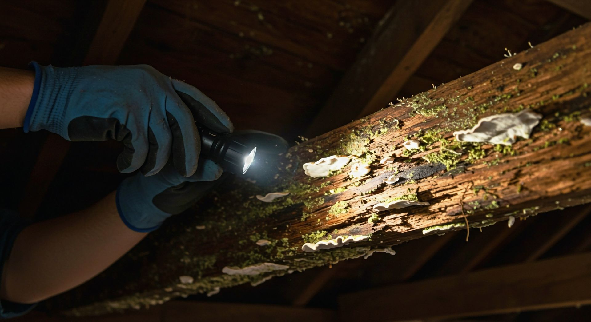 A gloved hand shines a flashlight on a decaying wooden beam in a dark attic.