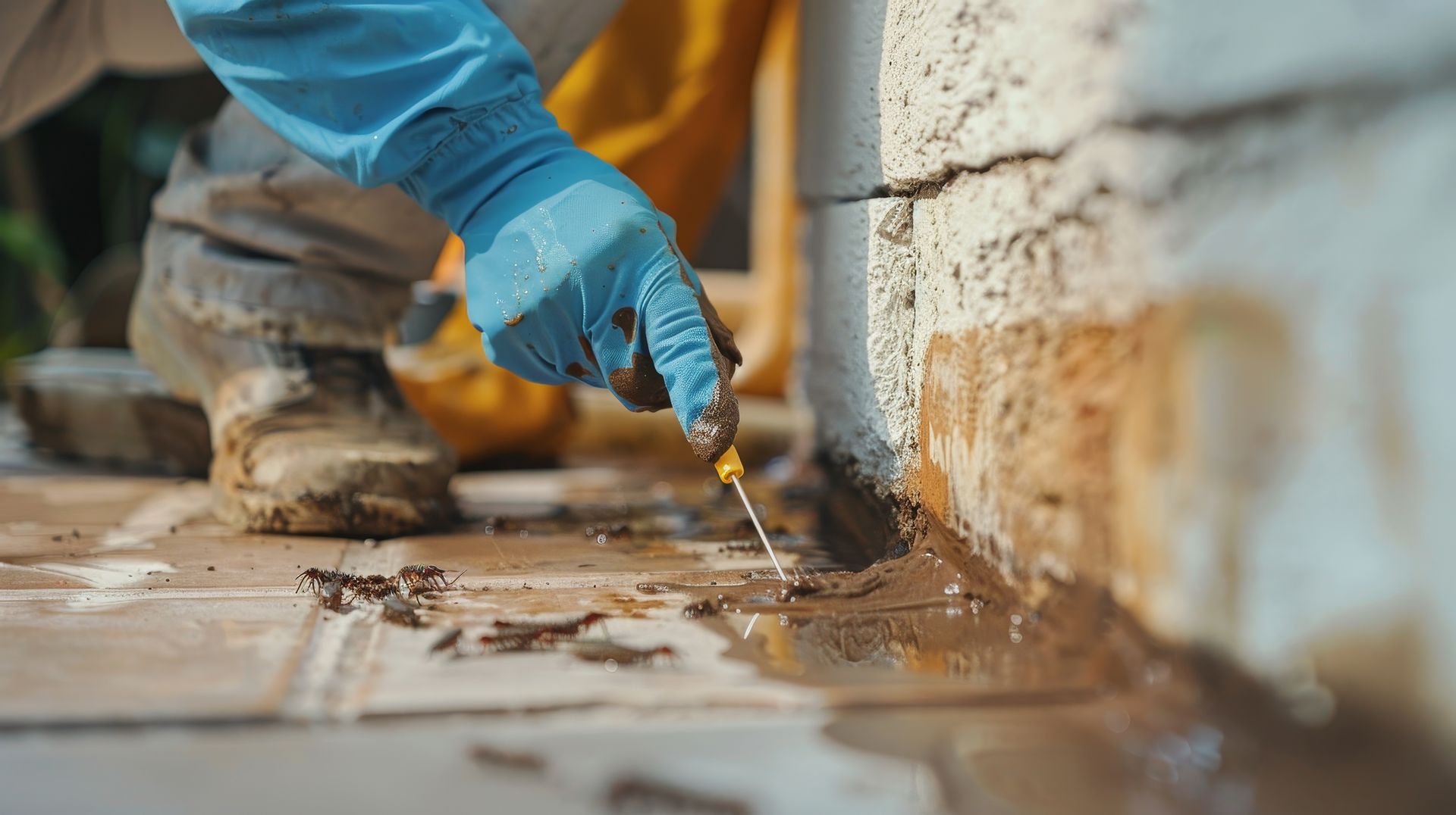 Person in blue gloves treats foundation crack with yellow tool. Water, dirt, and damaged wall are visible.