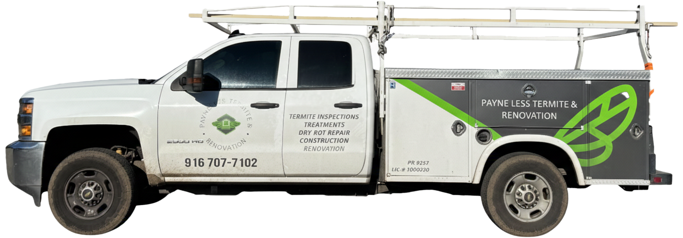 White work truck with a silver rack, carrying company logos in green.