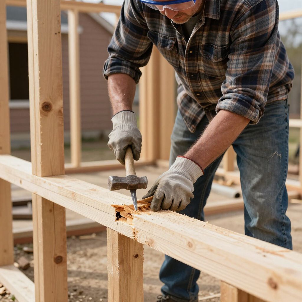 Carpenter uses a hammer and chisel on a wooden frame outdoors.