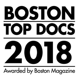 Boston Top Docs 2018 logo awarded by Boston Magazine. Black text on white background.