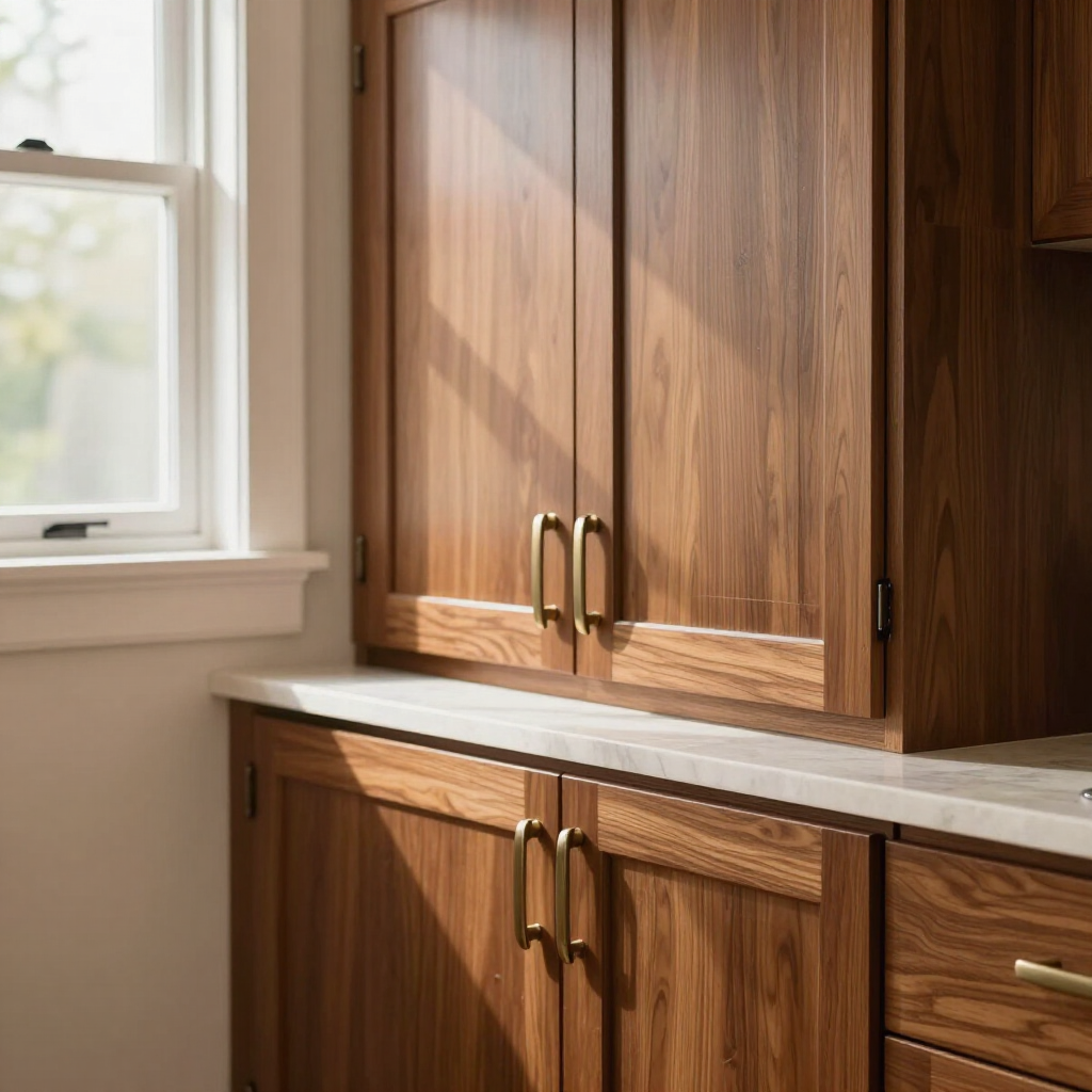 Sunlit kitchen cabinets with wooden doors and a marble countertop beside a window