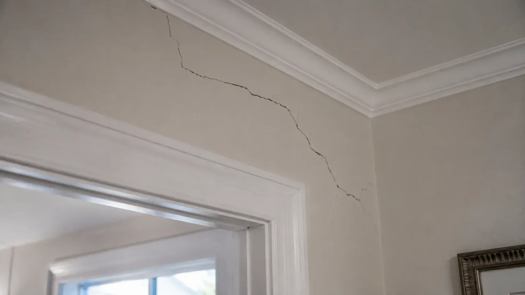 Visible drywall cracks spreading across an interior wall near a door frame in a Cantonment home.