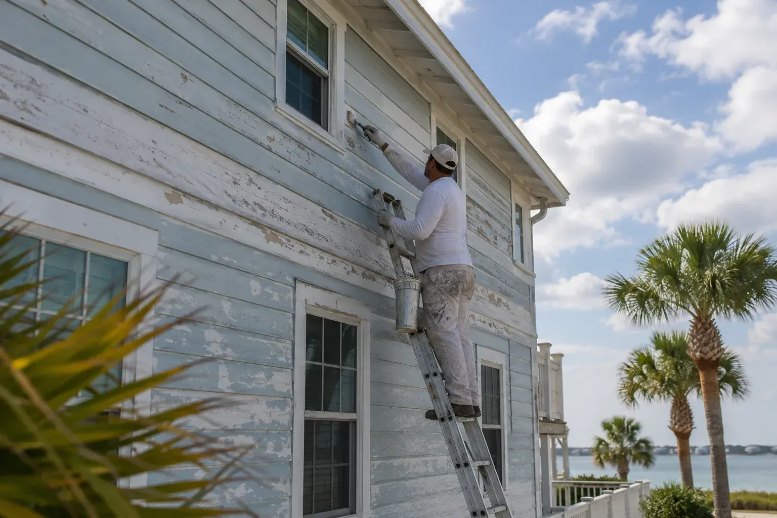 Peeling white wall showing how often should homes be repainted due to humidity and salt air.