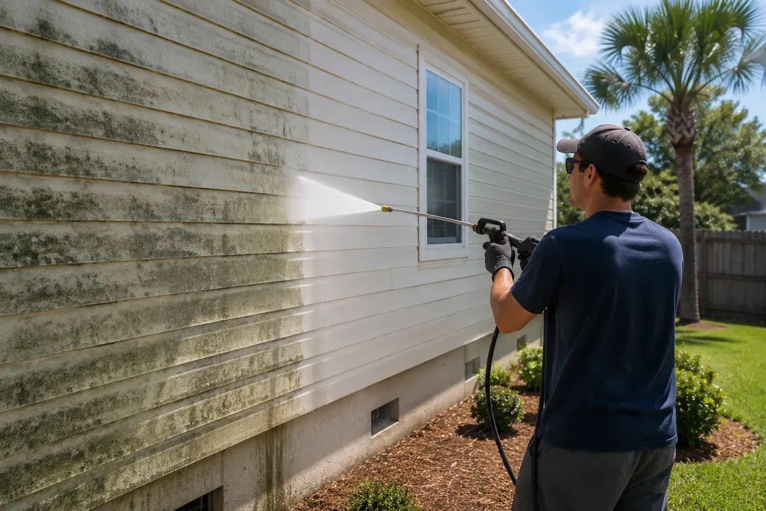 A technician wearing a cap and sunglasses using a pressure washer wand to spray down the light beige horizontal siding of a residential home.