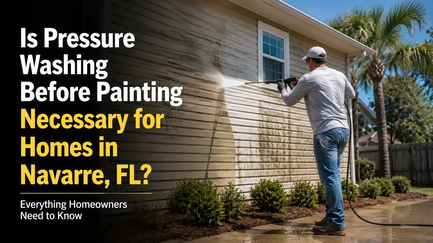 Pressure washing the exterior siding of a residential home in Navarre, FL, as part of the prep work before painting.