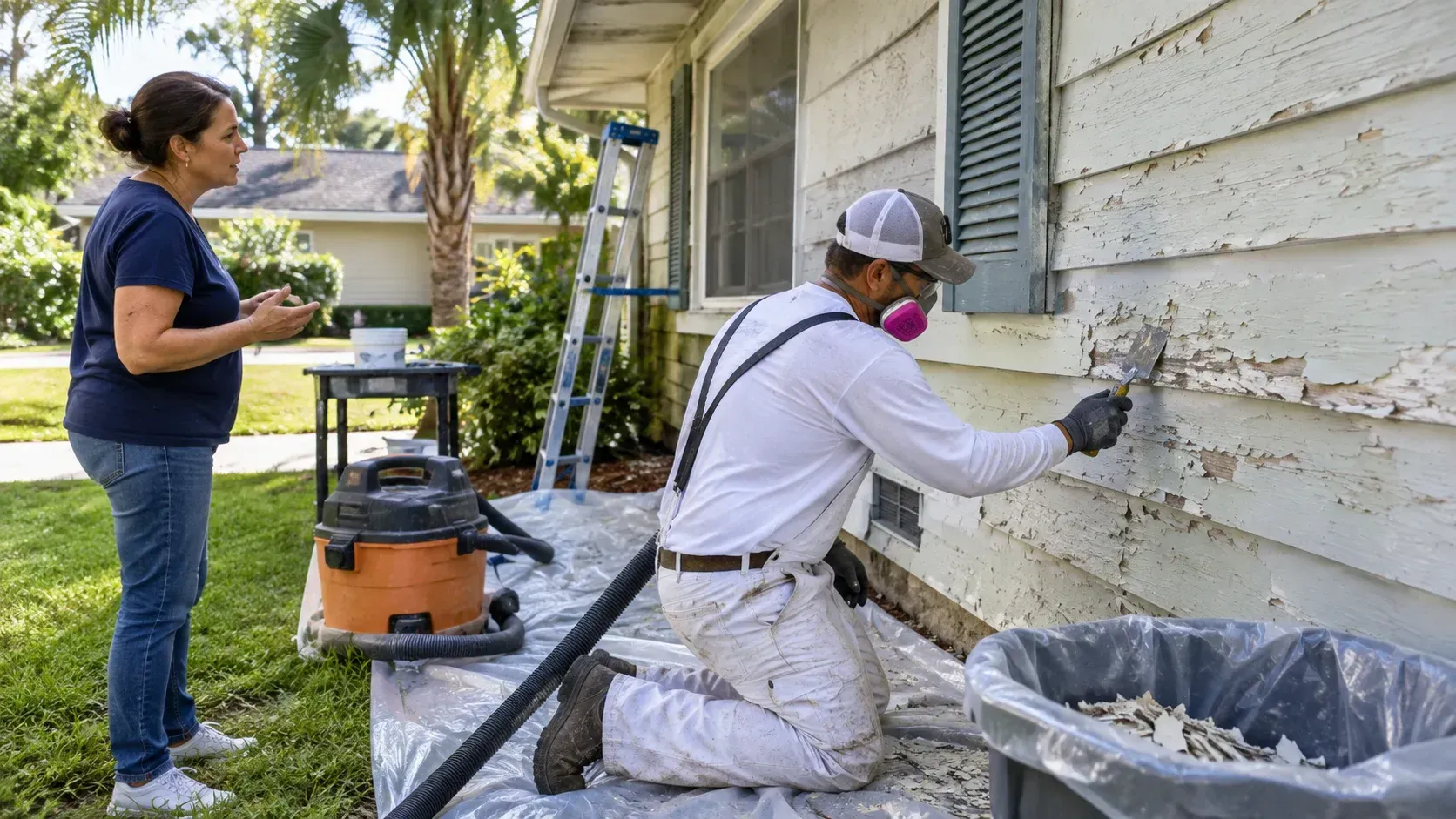 A painter wearing a respirator scrapes dangerous lead paint on a Molino home exterior.