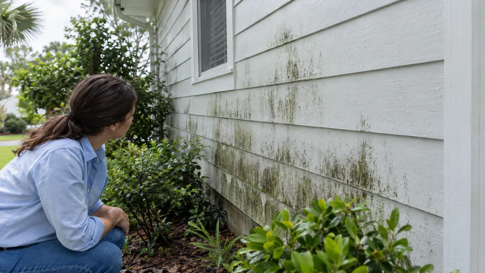 A professional painter preps and scrapes peeling paint off a Molino, Florida exterior.