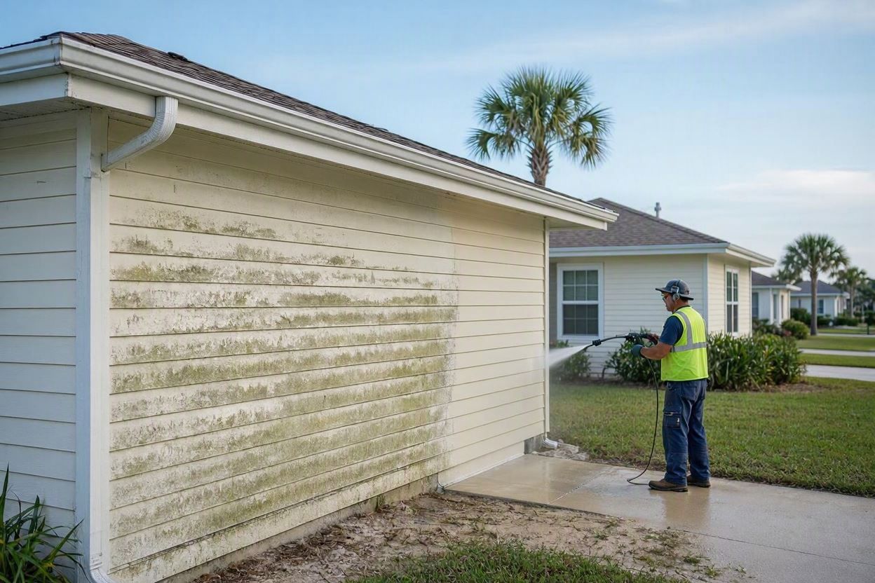 Worker pressure-washing a dirty white house exterior in a suburban driveway