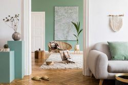 Cozy living room with green accent wall, chair, rug, sofa, and plants.