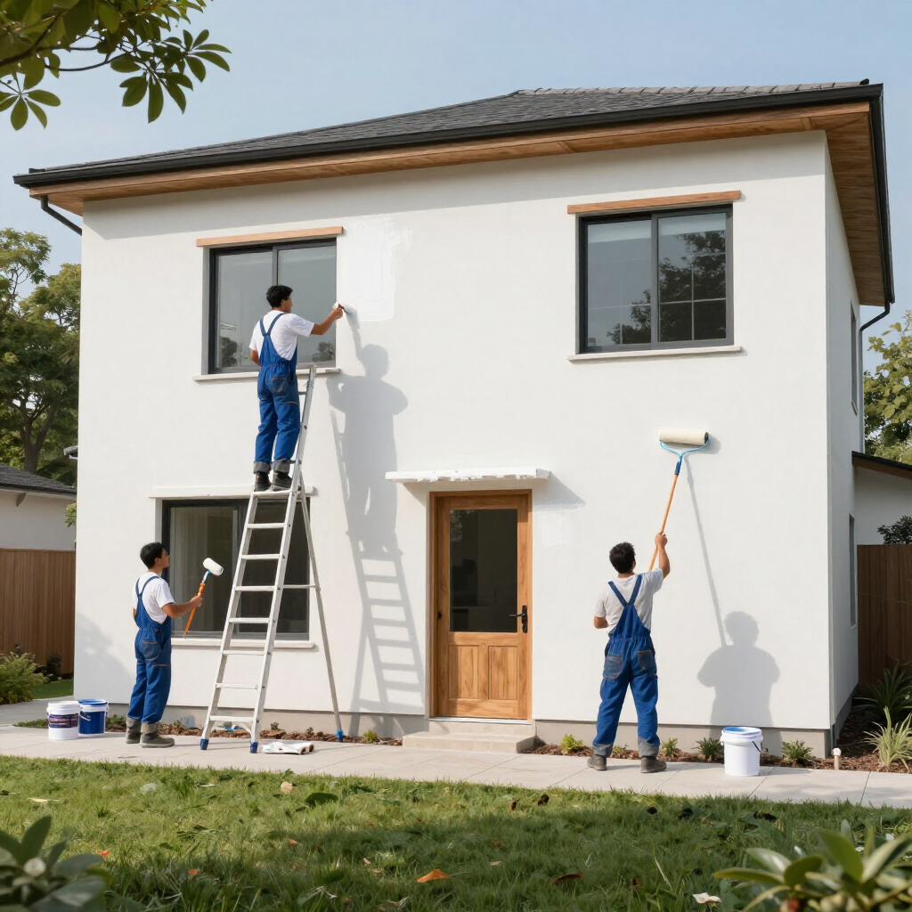 Three painters in blue overalls painting a two-story white house exterior with ladders and rollers