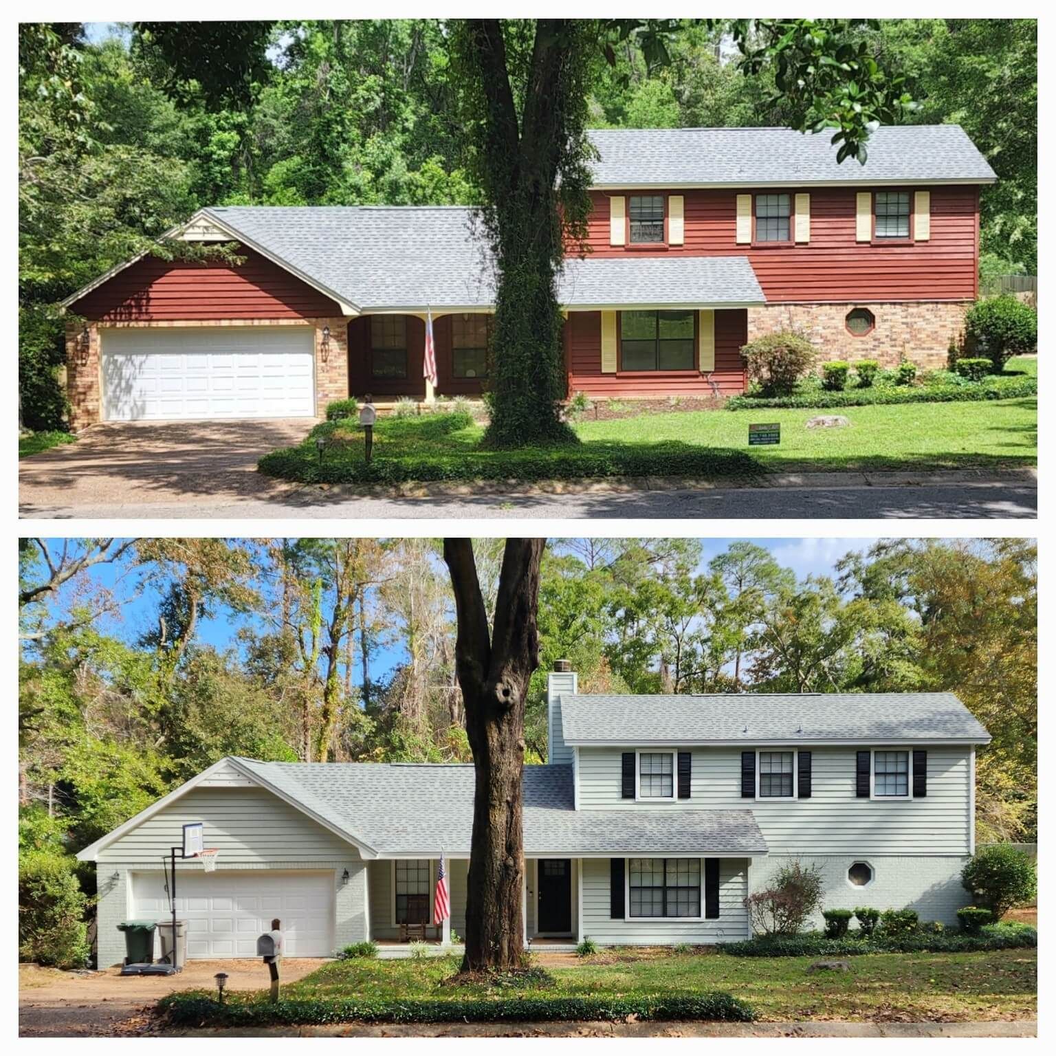 Before and after exterior house renovation; red and white siding with white trim.