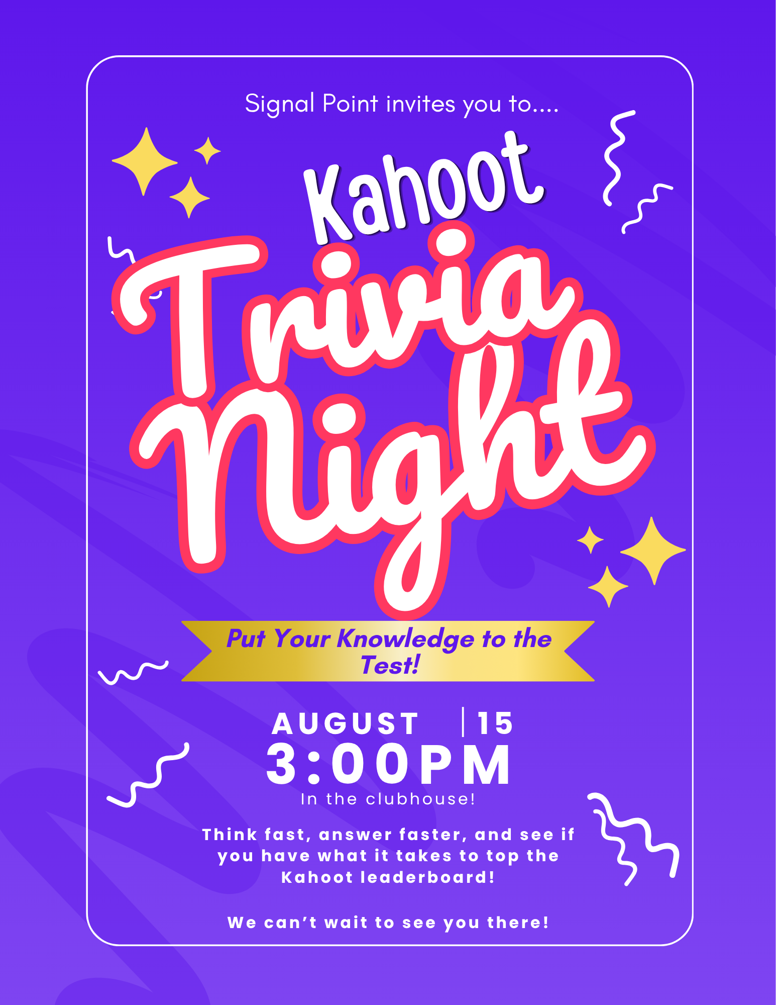 Purple Kahoot Trivia Night flyer with confetti, promoting an August 15, 3:00 PM event.