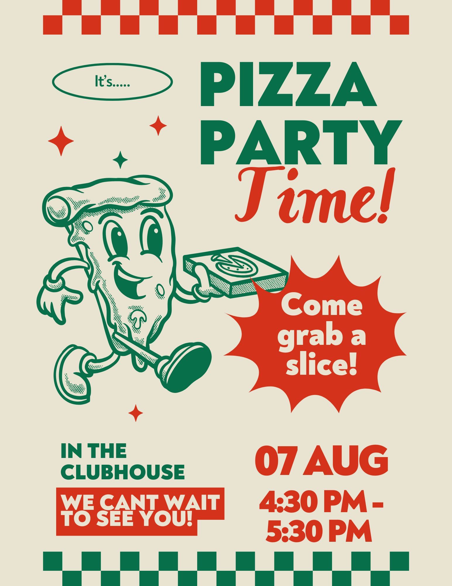 Retro pizza party poster with green cartoon pizza slice, “Pizza Party Time!” and date/time details.