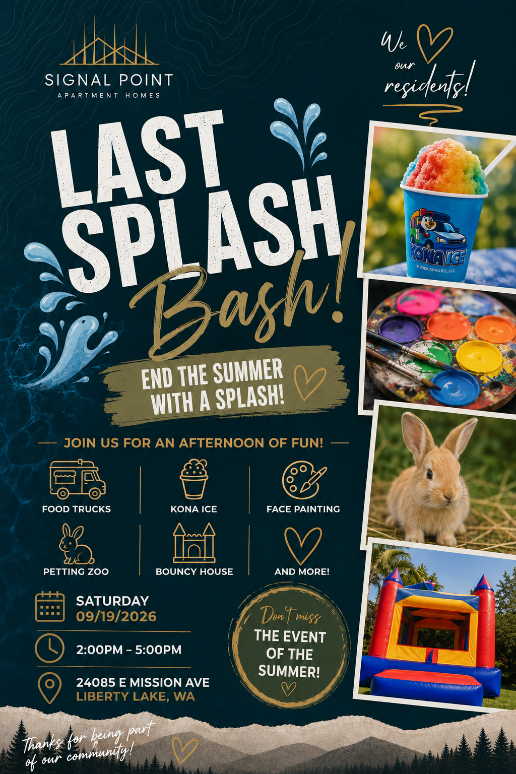 Event flyer for “Last Splash Bash” with splash art, colorful treats, and an inflatable bounce house.