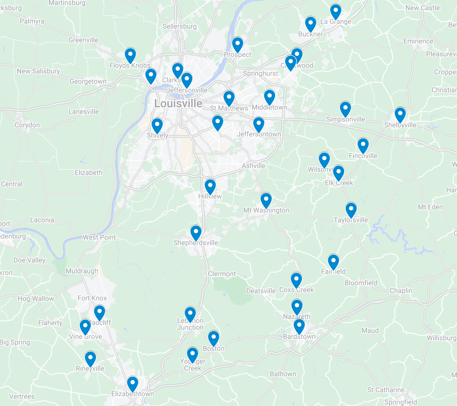 A map of louisville louisiana with lots of blue pins on it.