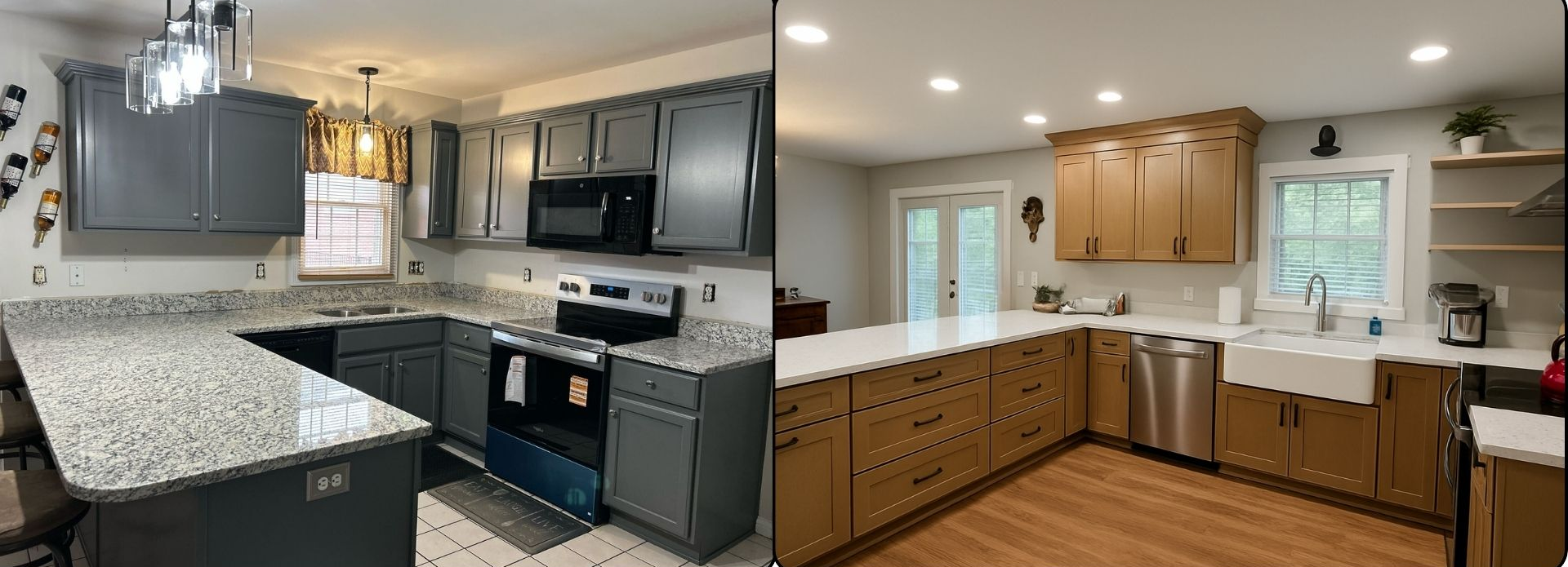 Side-by-side kitchen remodel: black-and-white modern kitchen and warm wood kitchen with granite countertops