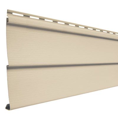A close up of a tan vinyl siding on a white background.