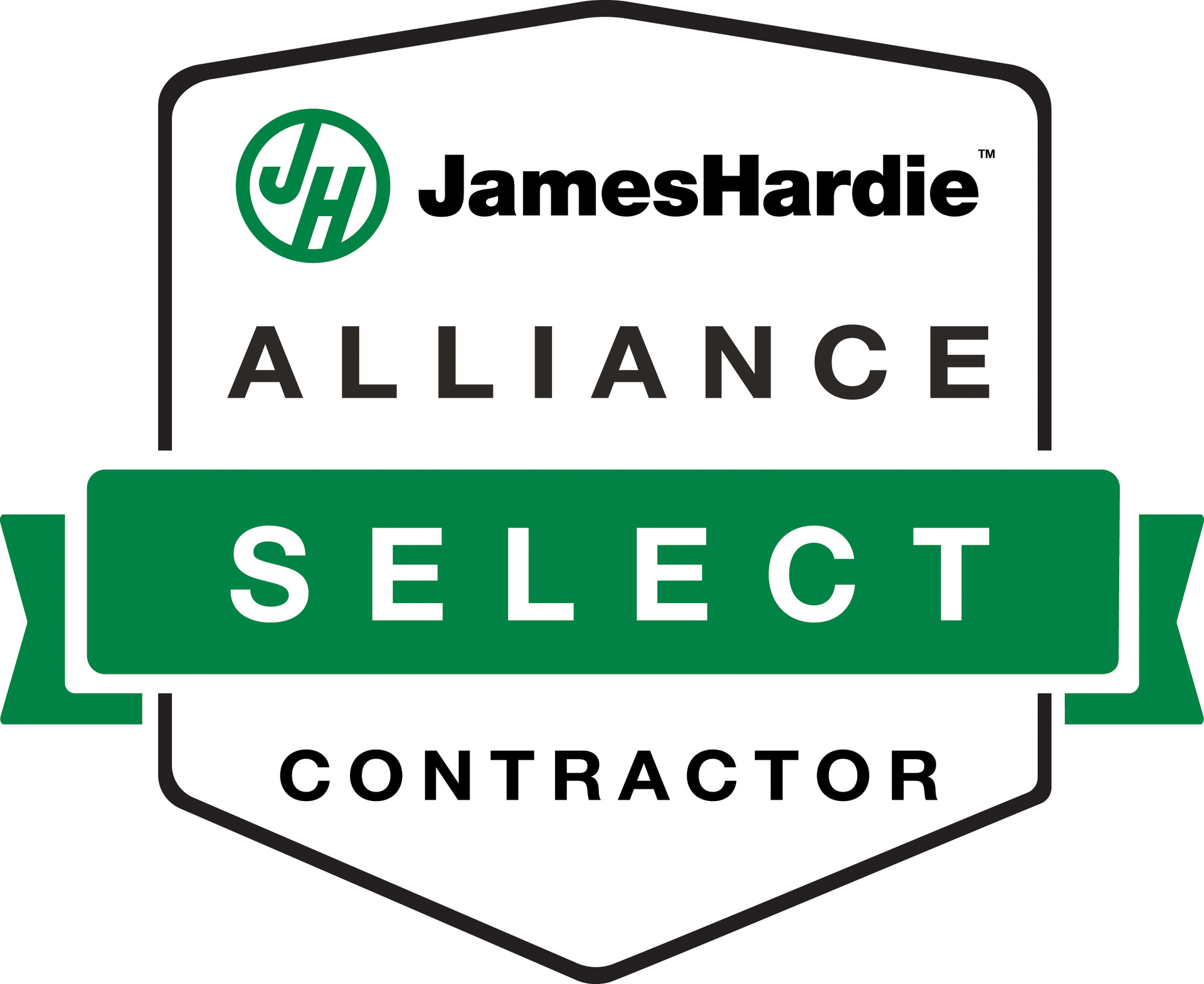 James Hardie Alliance Select Contractor logo: green, white, and black badge.