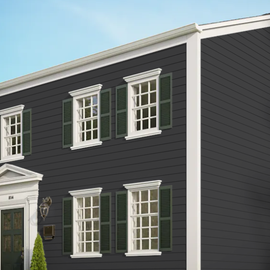 A black house with white trim and green shutters