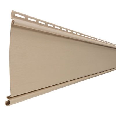 A close up of a tan vinyl siding on a white background.
