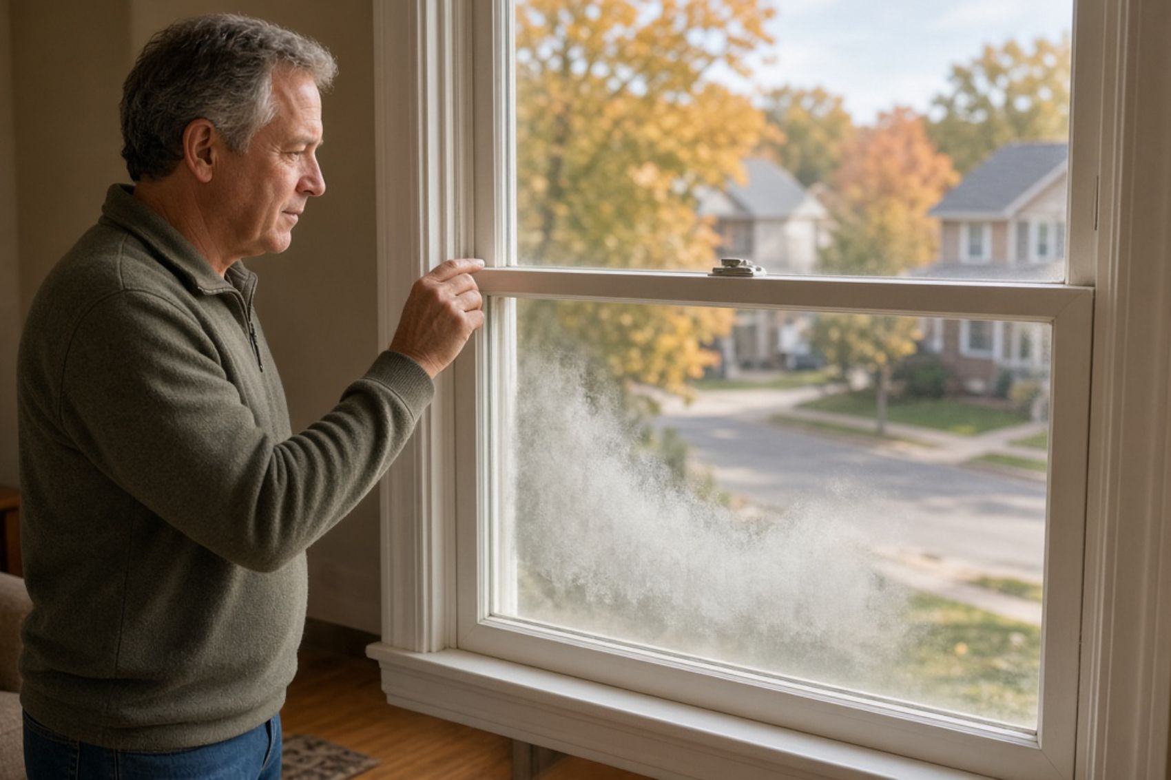 Siding installer holds two lap siding samples beside a window as a homeowner points in a Denver yard
