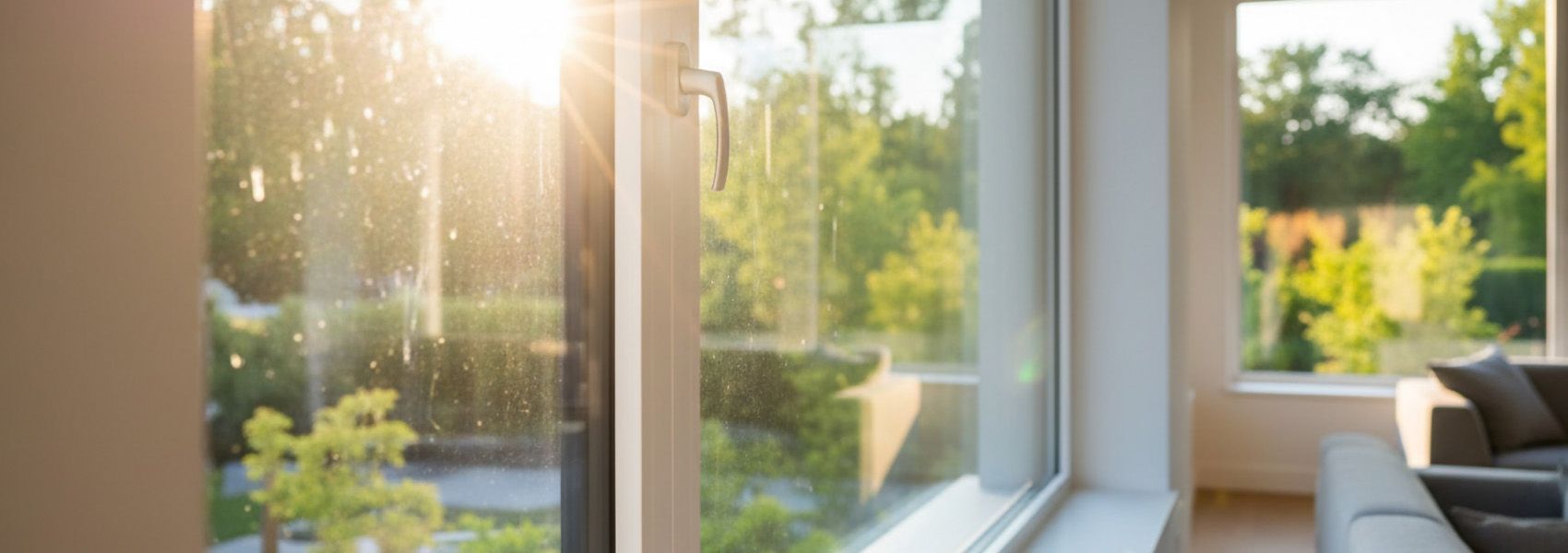 Modern windows with Low-E glass showing natural light and clear views in comfortable living room