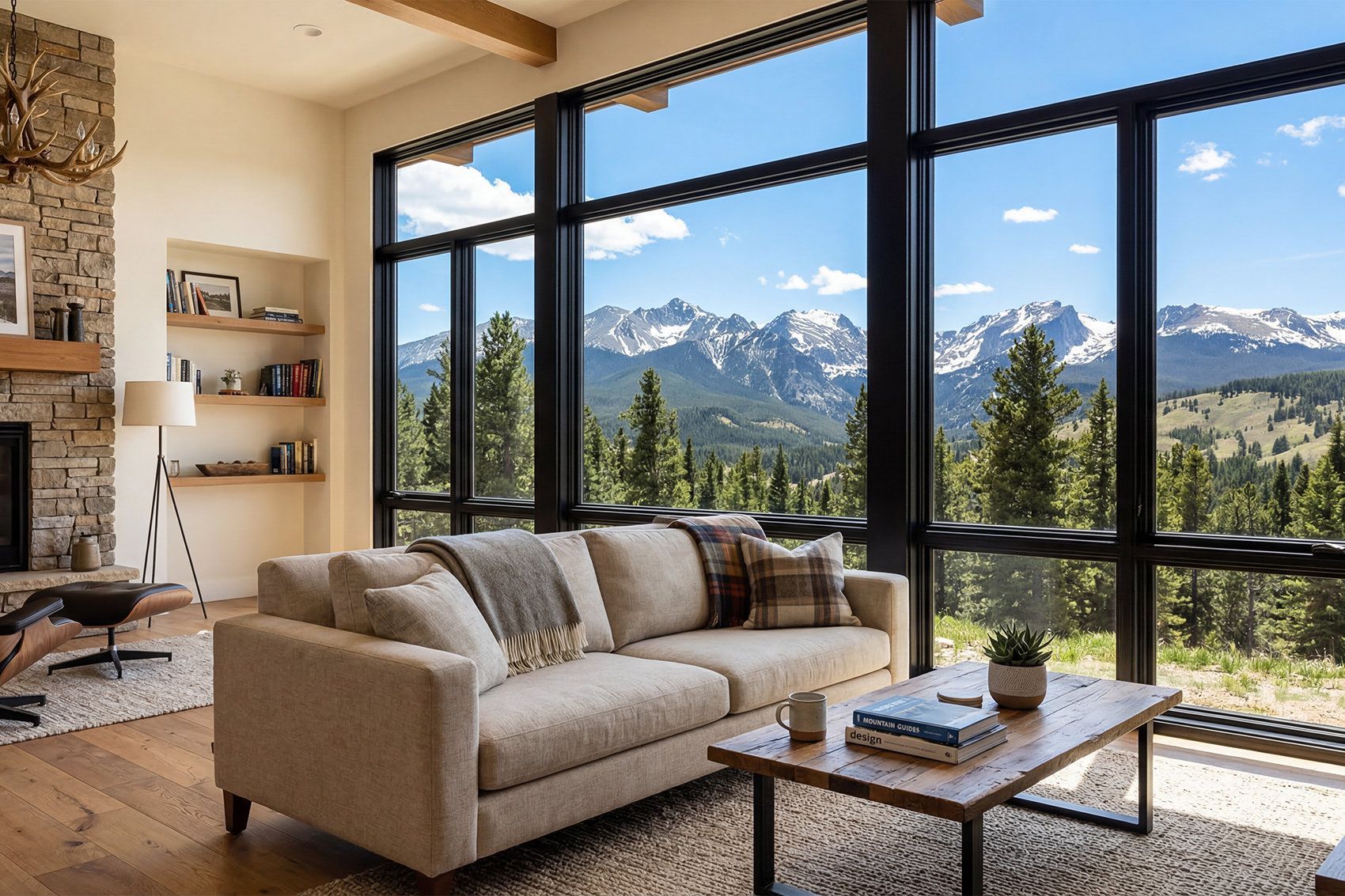 Colorado living room with black window frames framing mountain view and evergreen forest