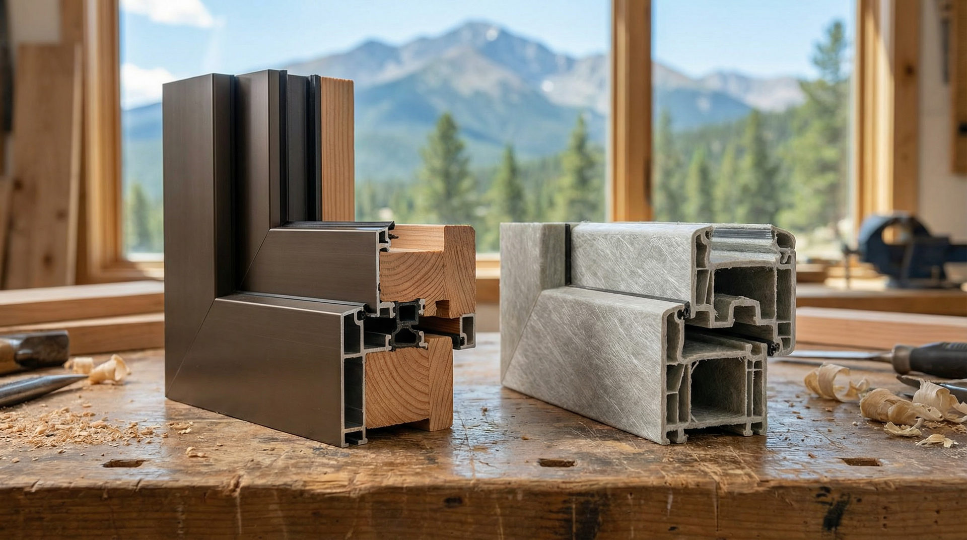 Aluminum-clad wood and fiberglass window frame samples with Colorado mountain view