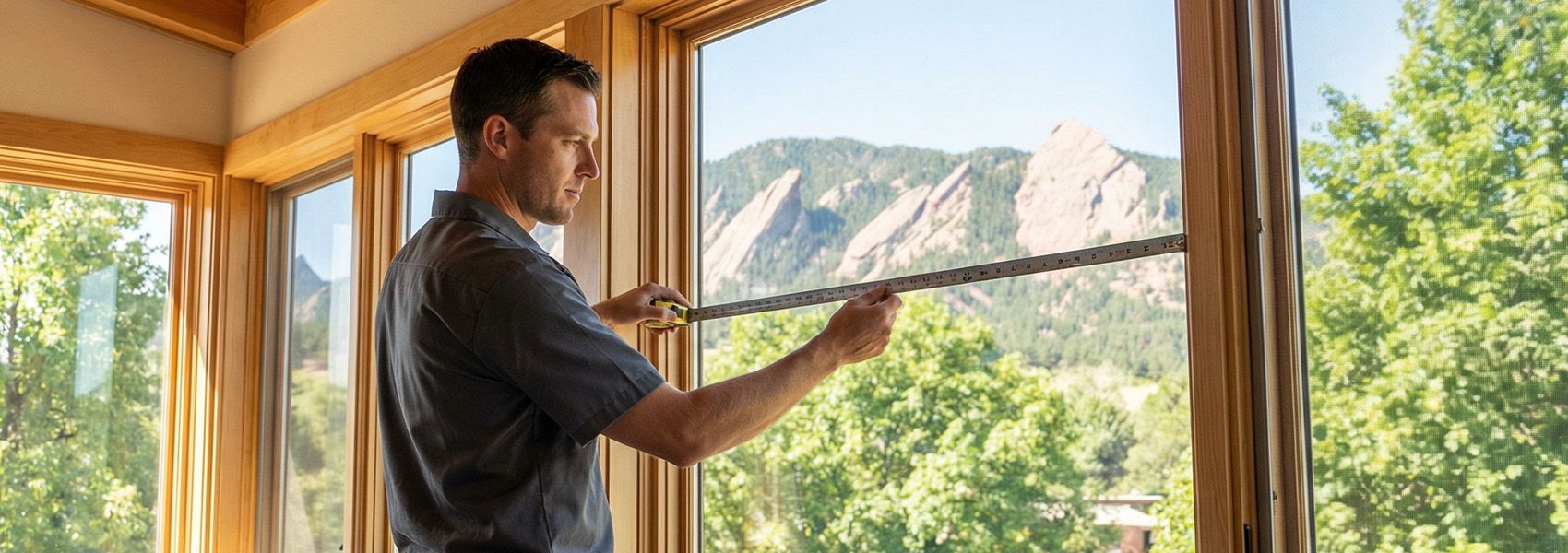 Window contractor measuring frame with Flatirons view in Boulder Colorado home
