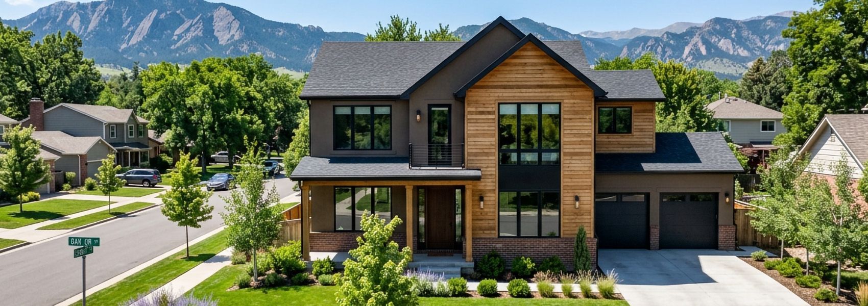 Modern Denver suburban home with black-framed windows and Front Range mountain backdrop