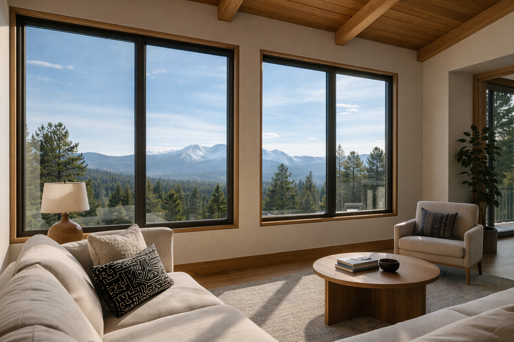 Professional installers leveling double hung windows during installation in Colorado mountain home