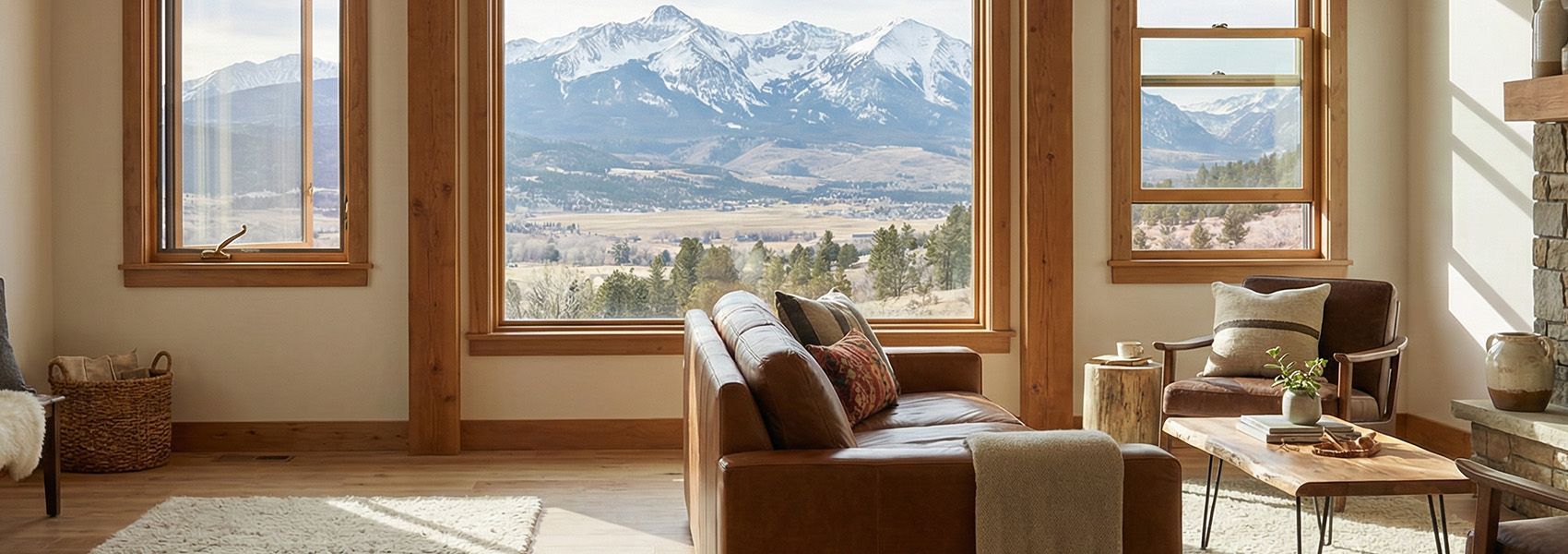 Colorado living room with picture casement and double hung windows framing mountain view