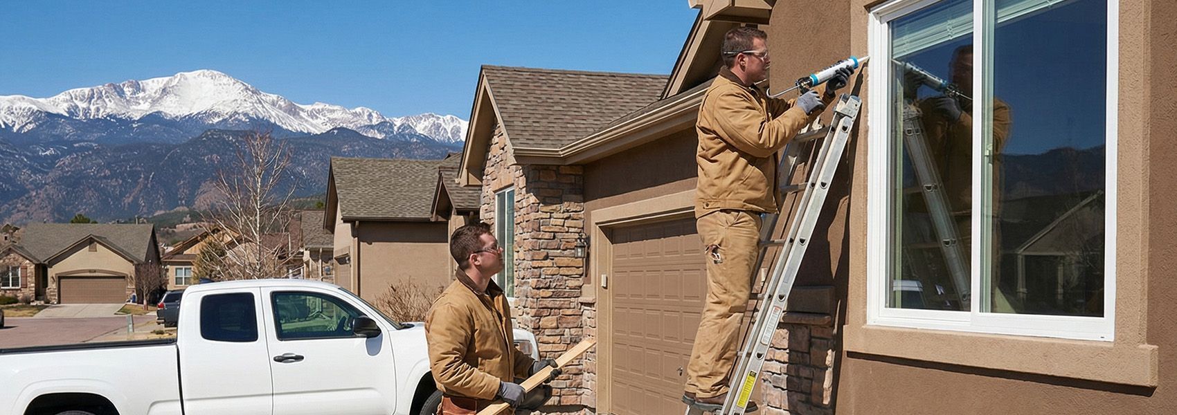 Professional window installers sealing window frame in Colorado Springs with Pikes Peak