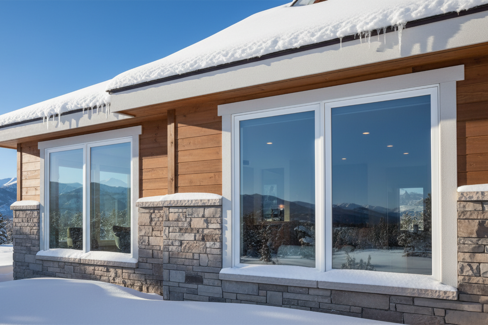 Vinyl windows on modern Colorado home in winter with snow and mountain backdrop