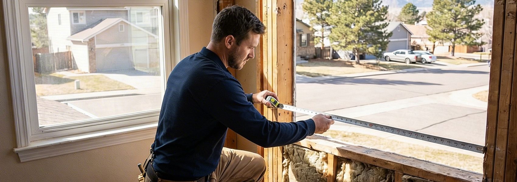 Window installer measuring rough opening width for custom fitting in Colorado home