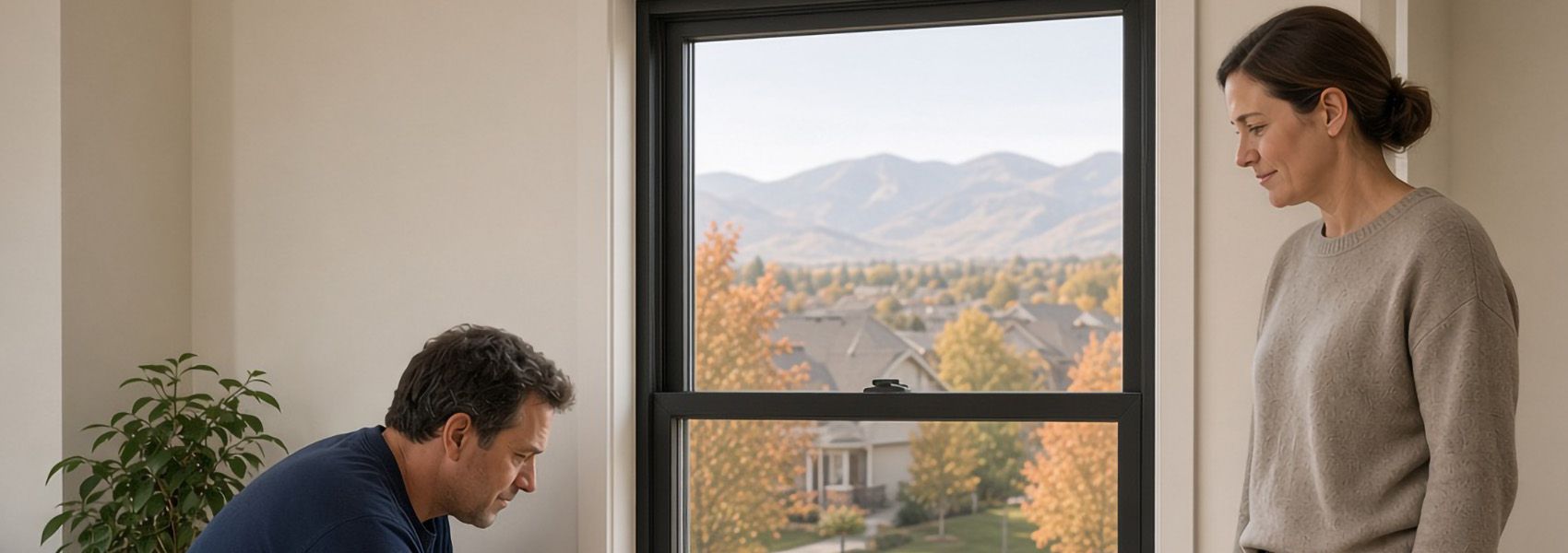 Technician adjusting a casement window crank as a homeowner watches in a Denver-area living room
