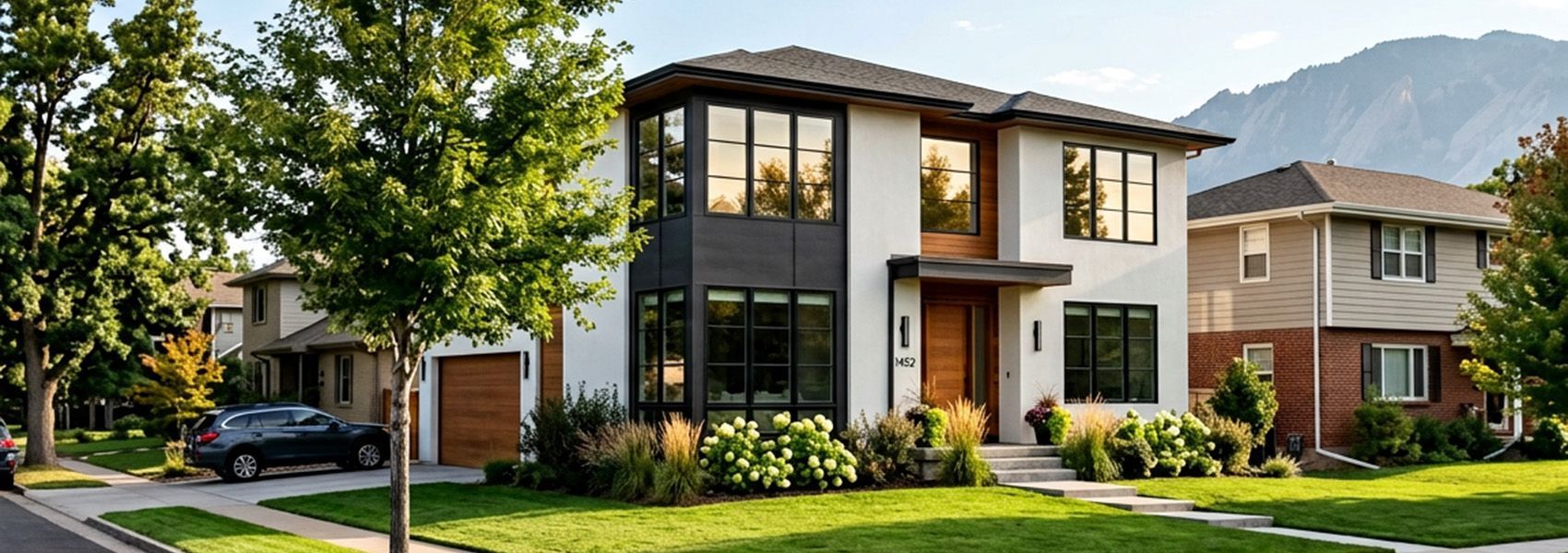 Two-story Denver home with black-framed windows and Front Range foothills in summer