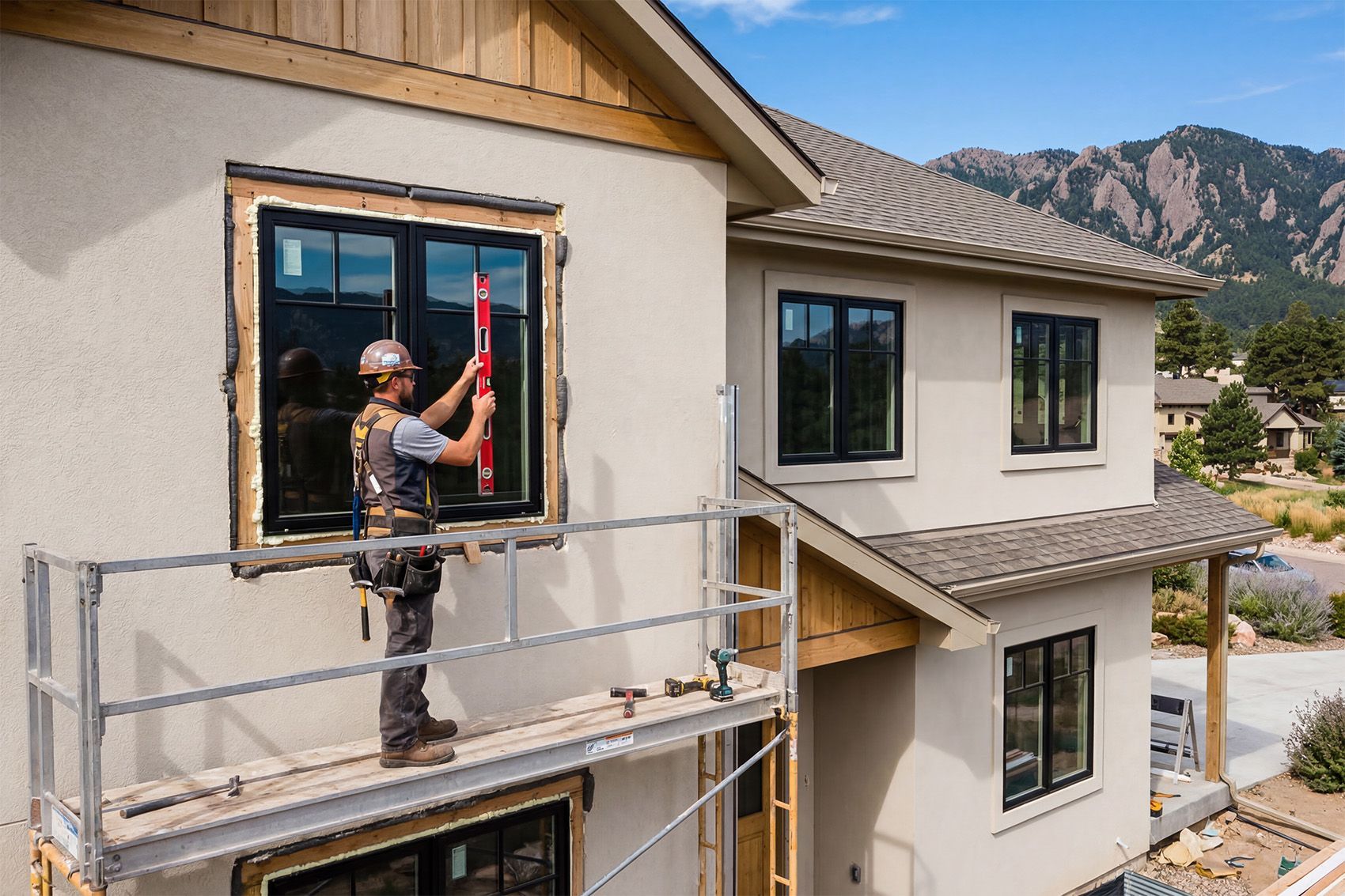Professional installer leveling double pane window in Colorado home with mountain backdrop