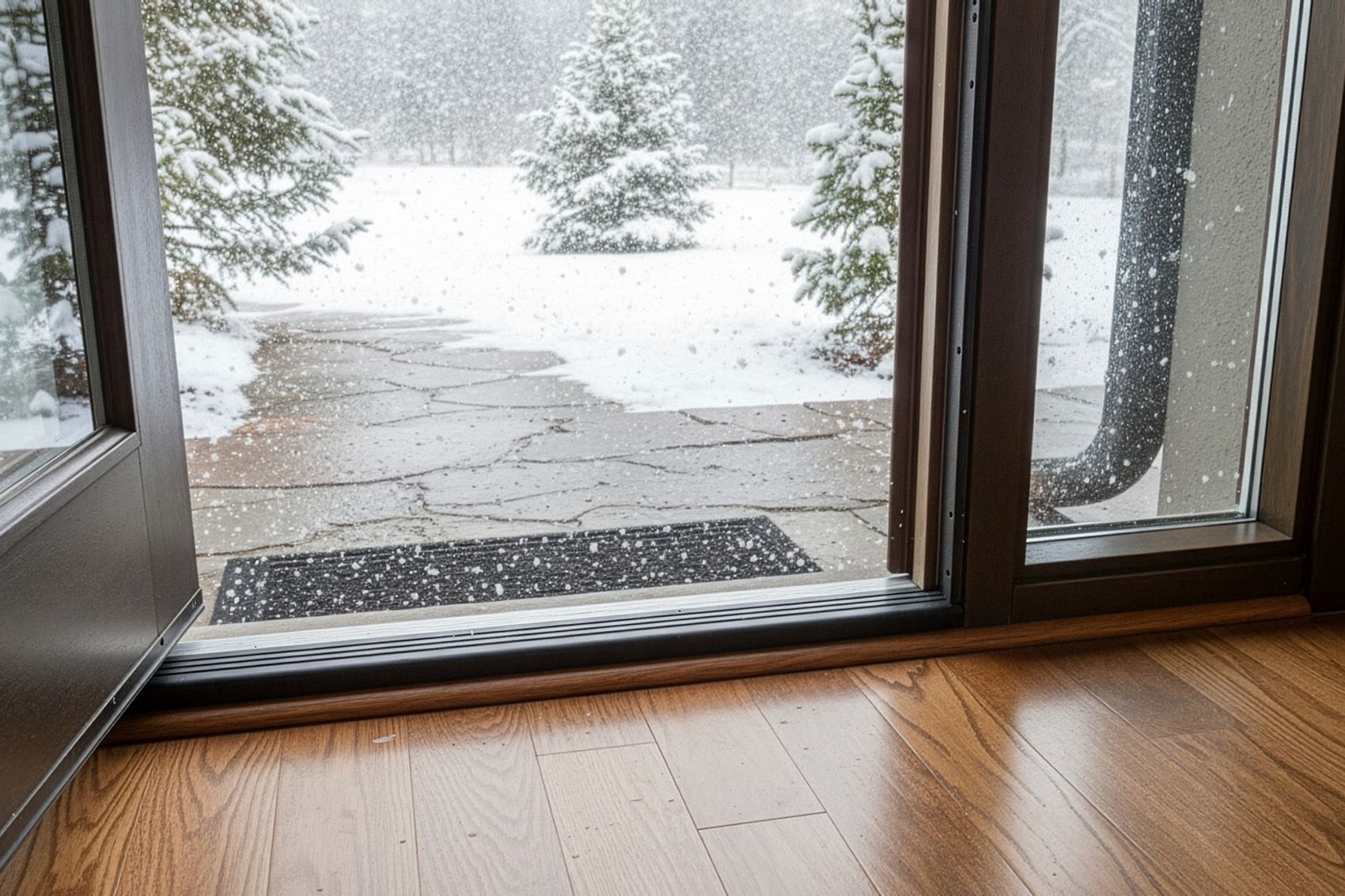 Entry door with weather stripping keeping interior dry during heavy snowfall outside