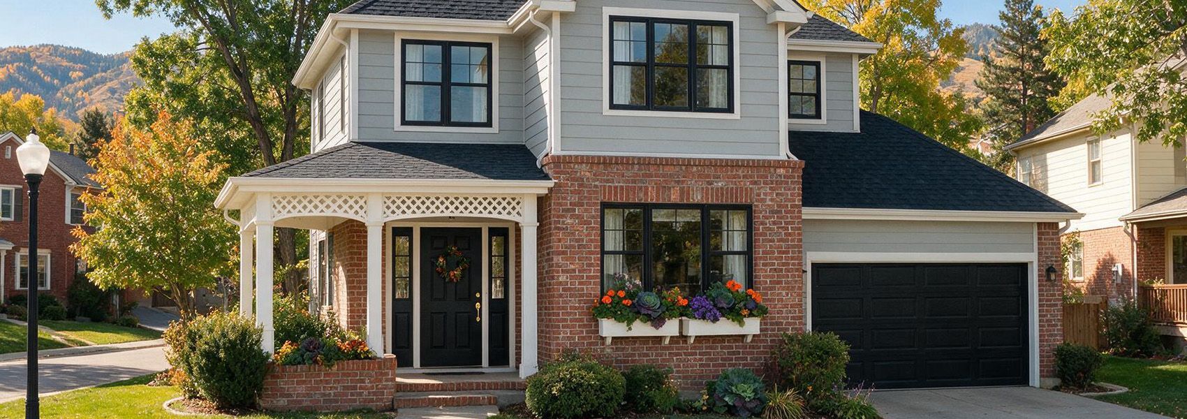 Two-story Denver home with black-framed windows and early autumn color in neighborhood
