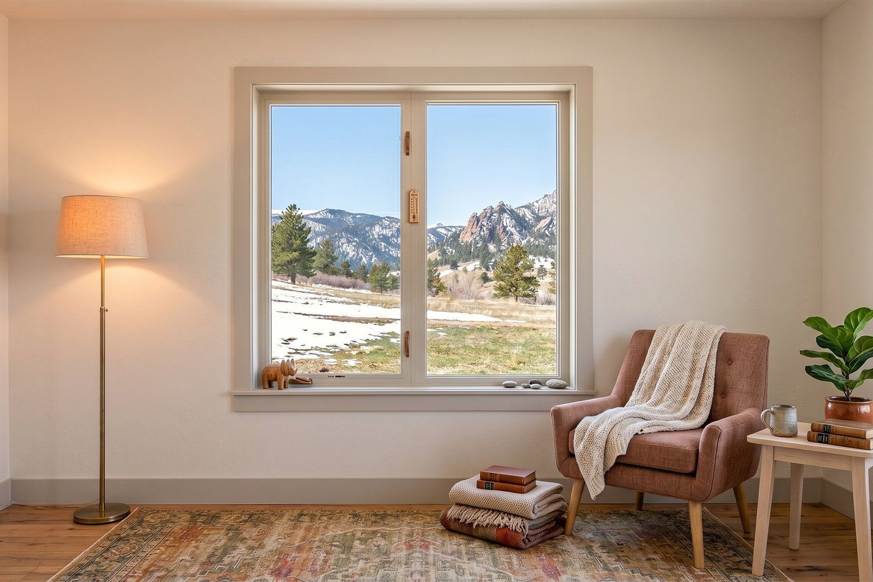Professional installers leveling double hung windows during installation in Colorado mountain home