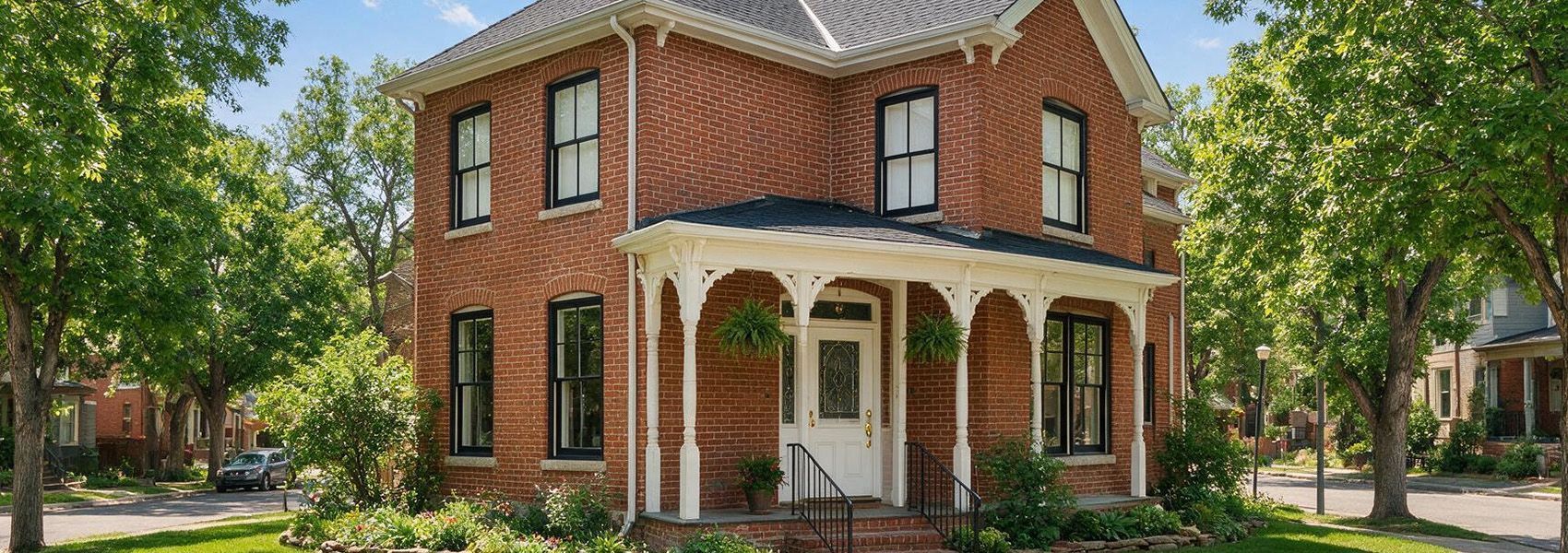 Restored historic Denver brick home with divided-lite black-framed windows in summer