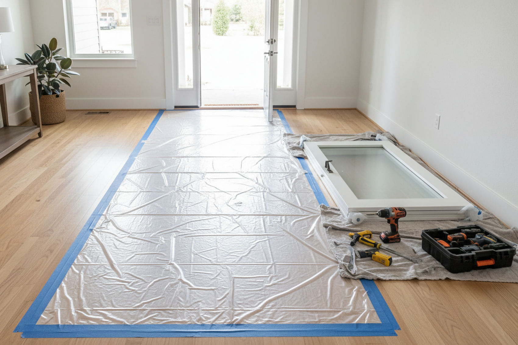Protective floor covering and tools prepared for professional door installation in home entryway