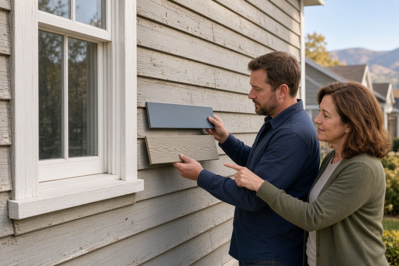 Siding installer holds two lap siding samples beside a window as a homeowner points in a Denver yard