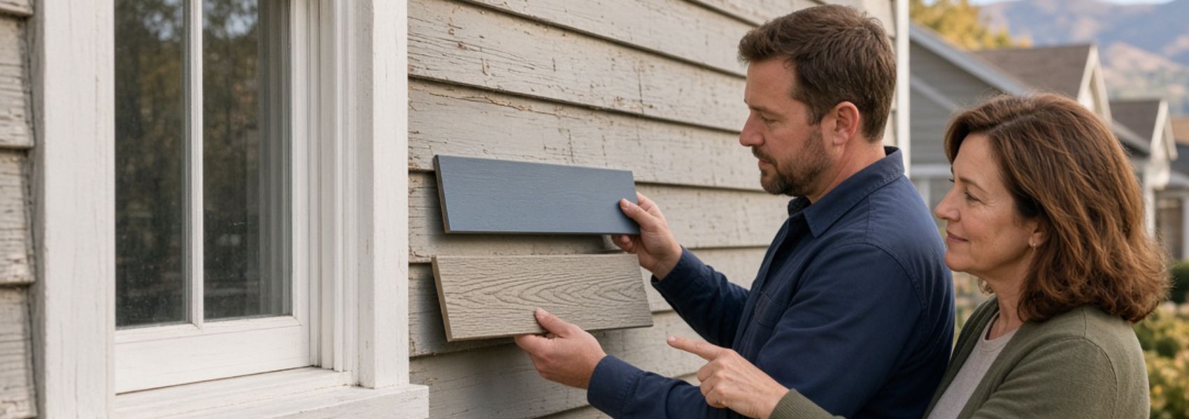 Siding installer holds two lap siding samples beside a window as a homeowner points in a Denver yard