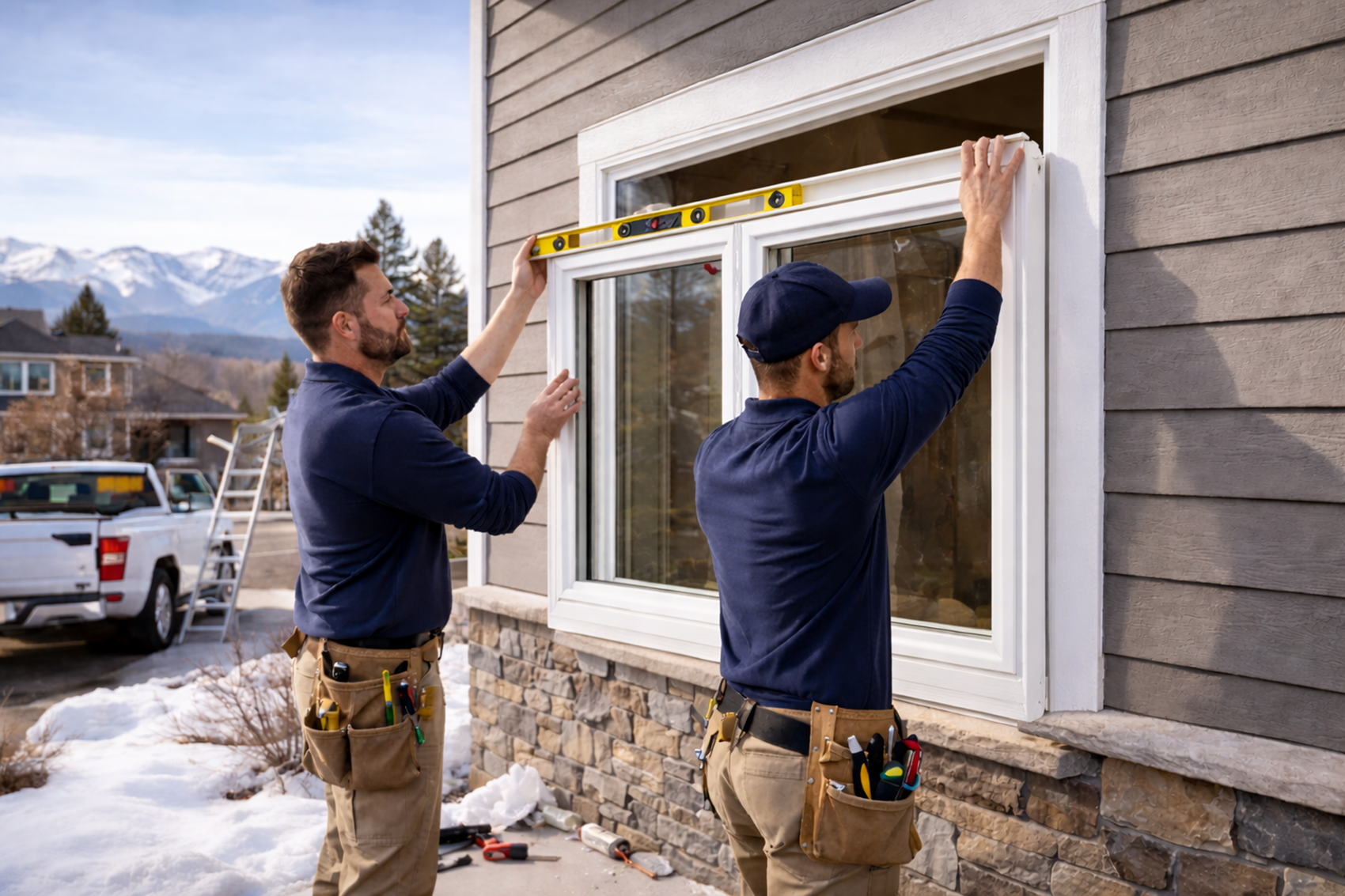 Professional window contractors installing window in Lakewood CO with mountain backdrop