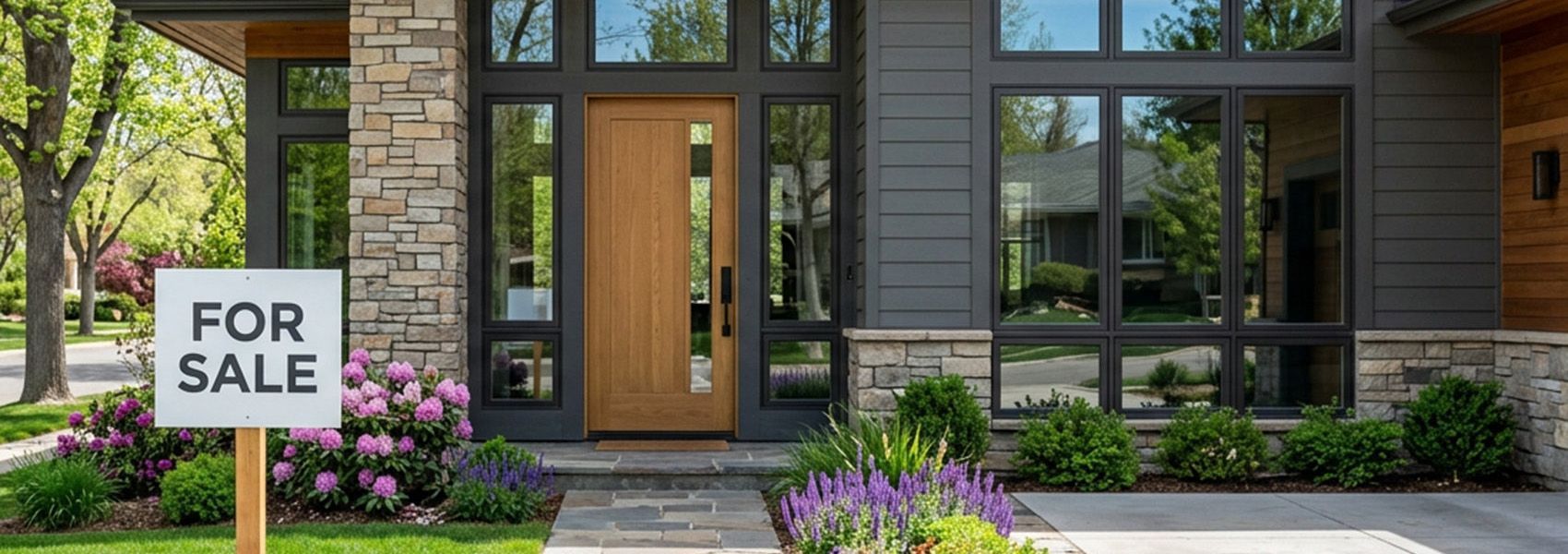Front entry of a Denver home with For Sale sign and spring landscaping showcasing curb appeal